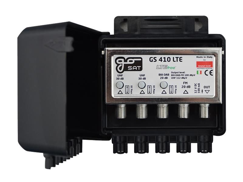 Anténny zosilňovač GoSAT GS410LTE, na stožiar,1xFM G20dB, 1xDAB G20dB, 2xUHF G30dB