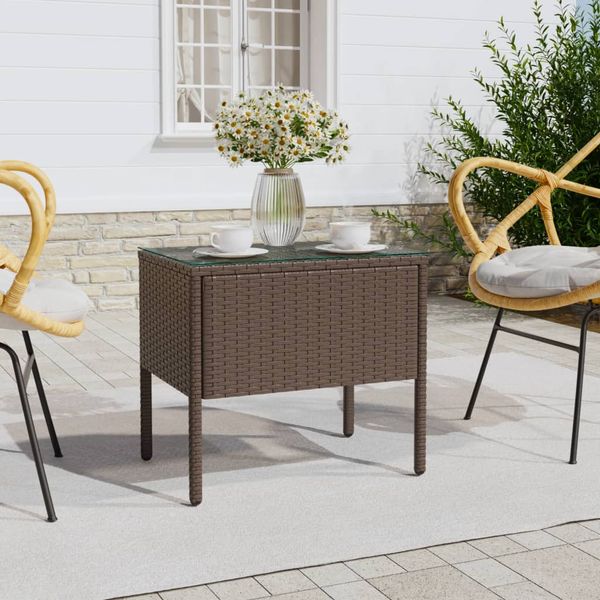 vidaXL Bočný stolík hnedý 53x37x48 cm polyratan a tvrdené sklo