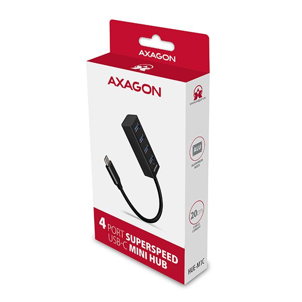 AXAGON HUE-M1C, 4x USB 3.2 Gen 1 MINI hub, kovový, kábel USB-C 20 cm USB Hub, externý, 4x USB 3.0, 0,2 m, kovové telo, čierny