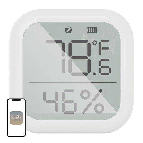Senzor teploty a vlhkosti MOES ZSS-KB-TH-LF-C s rozhraním ZigBee a LCD displejom