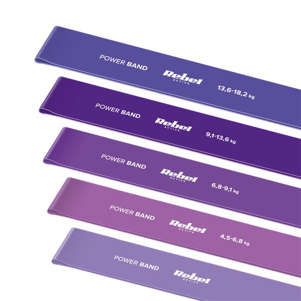Latexová sada cvičebných pásov - Mini Band L, 2,3-18,2 kg, 5 pásov, fialová, REBEL ACTIVE