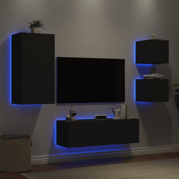 vidaXL 4-dielne TV nástenné skrinky s LED svetlami čierne