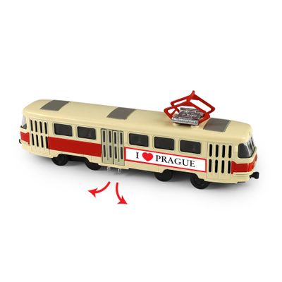 Kovová česká retro električka červená 16 cm PRAGUE - otváracie dvere