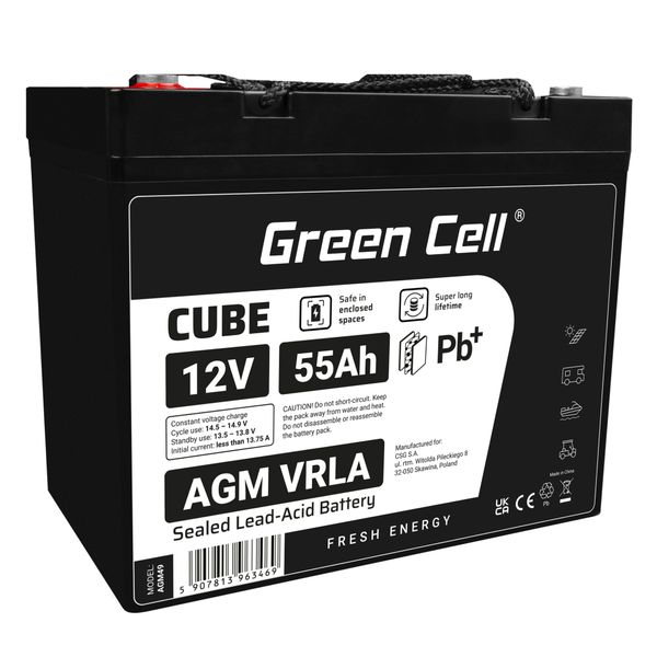 AGM12V55AH-J Green Cell CUBE AGM IP54 12V 55Ah VRLA gélová batéria s hlbokým cyklom pre skútre, kosa