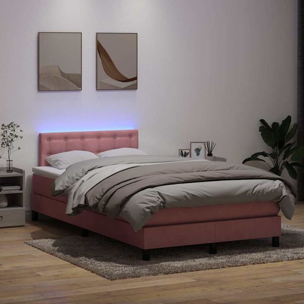 vidaXL Posteľný rám boxsping s matracom a LED ružový 120x220 cm zamat
