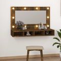 vidaXL Zrkadlová skrinka s LED dymový dub 90x31,5x62 cm