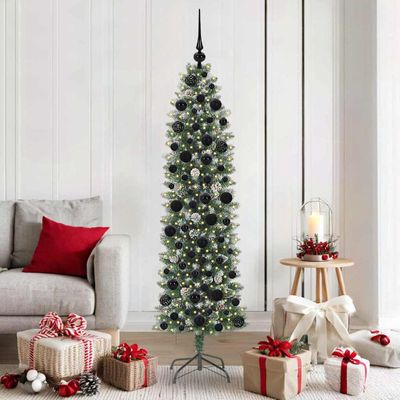 vidaXL Umelý chudý vianočný strom s 300 LED-i Zelená a biela 180 cm