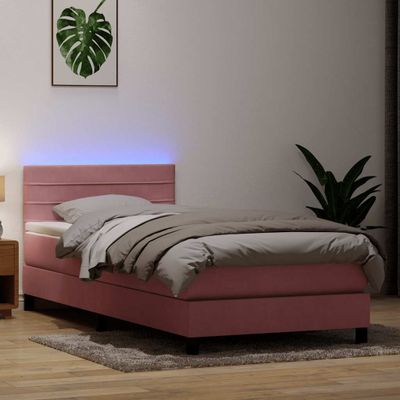 vidaXL Posteľný rám boxsping s matracom a LED ružový 90x220 cm zamat