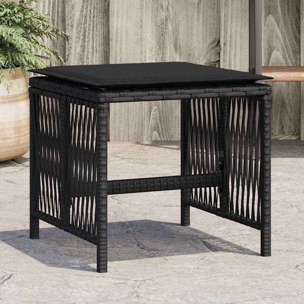 vidaXL Záhradné taburetky s vankúšmi 4 ks čierne 41x41x36 cm polyratan