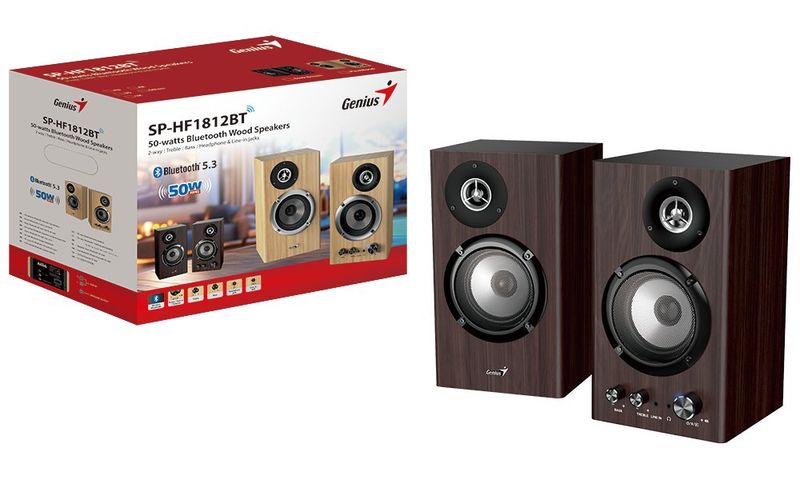 GENIUS reproduktor SP-HF1812BT Dark Brown/ 2.0/ 50W/ Bluetooth 5.3/ drevené/ farba tmavé drevo Reproduktory, 2.0, 50W, Bluetooth, 3,5mm jack, drevené, tmavohnedé