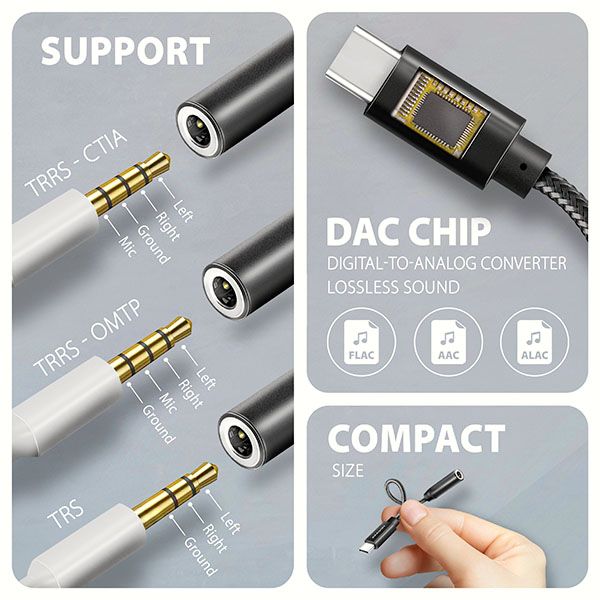 AXAGON ADA-HC, USB-C na 3.5mm jack - Hi-Res DAC audio adaptér, 384kHz/32bit, stereo Adaptér, zvuková karta, USB-C 2.0 na 3,5mm jack, DAC prevodník, 384kHz/32bit, 10cm, cerný