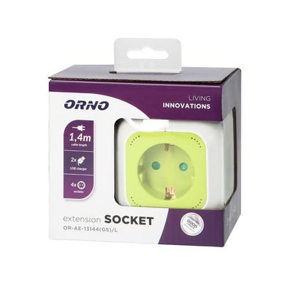 Predlžovací kábel 4G ORNO OR-AE-13144 (GS)/L, 4x 230V, 2x USB nabíjací, prívod 1,4 m, farba limetka