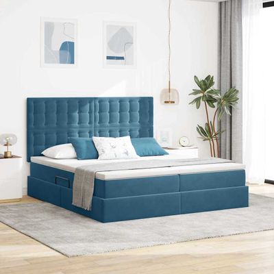 vidaXL Úložná posteľ s čelnou doskou Tmavomodrá 200 x 200 cm Zamat