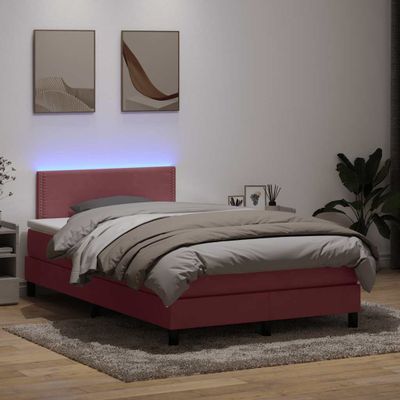 vidaXL Posteľný rám boxsping s matracom a LED ružový 120x210 cm zamat