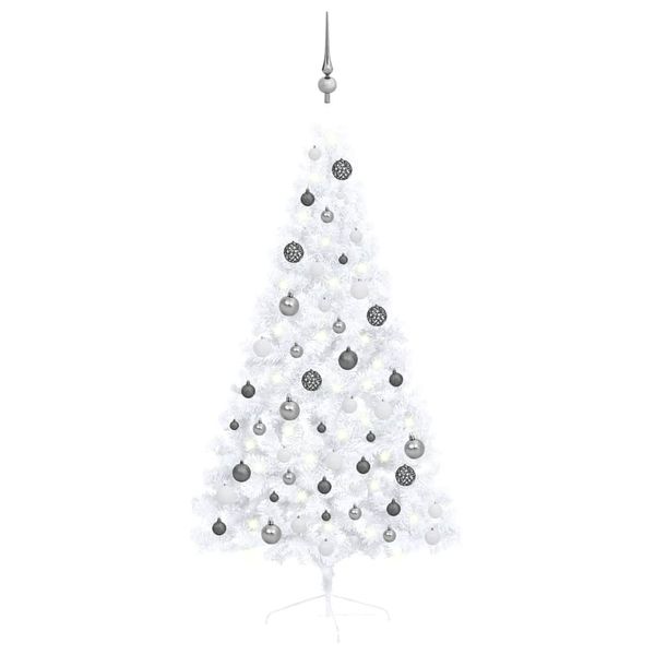 vidaXL Osvetlený umelý polovičný vianočný stromček+gule, biely 150 cm