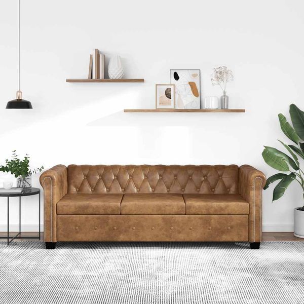 vidaXL Pohovka Chesterfield, 3-miestna, umelá koža, hnedá