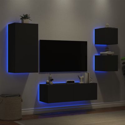 vidaXL 4-dielne TV nástenné skrinky s LED svetlami čierne
