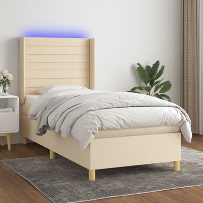 vidaXL Posteľ boxsping s matracom a LED krémová 90x200 cm látka