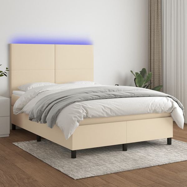 vidaXL Posteľ boxsping s matracom a LED krémová 140x190 cm látka