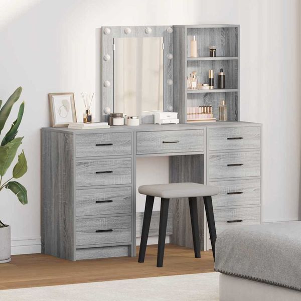 vidaXL Toaletný stolík so zásuvkou 3 pcs Sivá Kompozitné drevo