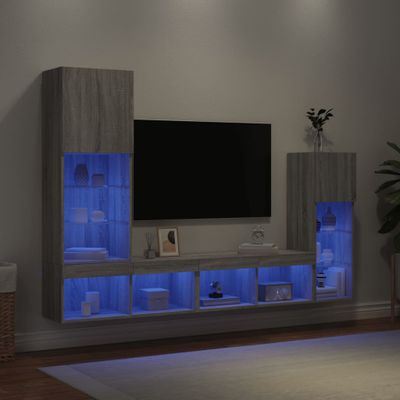 vidaXL 4-dielne TV nástenné skrinky s LED sivé sonoma kompozitné drevo