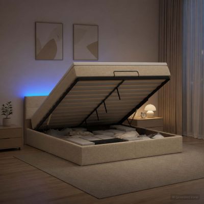 vidaXL Ottoman posteľ s matracom a LED Krémová 140 x 200 cm Látka