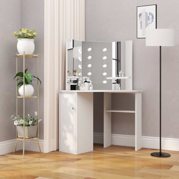 vidaXL Rohový toaletný stolík make-up stolík s LED osvetlením biely