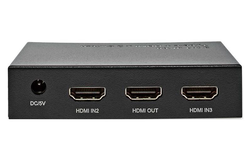 NEDIS HDMI přepínač/ 1x USB-C/ 2x HDMI vstup/ 1x HDMI výstup/ 4K@60Hz/ 18.0 Gbps/ kov/ antracit HDMI switch, 3 porty, 2× HDMI + 1× USB-C vstup, 1× HDMI výstup, 4K@60Hz, 18 Gbps, dálkové ovládání, kovový, antracit