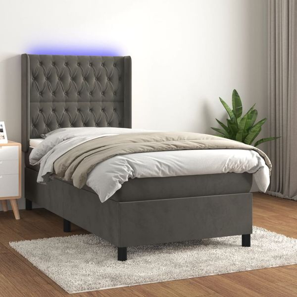 vidaXL Posteľ boxsping s matracom a LED tmavosivá 90x200 cm zamat