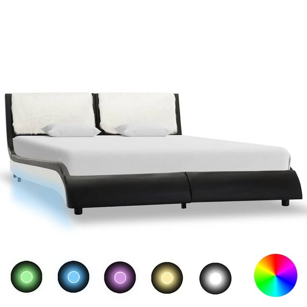 vidaXL Posteľný rám s LED, čierno biely, umelá koža 135x190 cm
