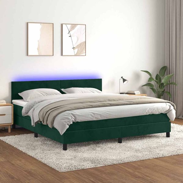 vidaXL Posteľný rám boxsping matrac a LED tmavozelený 180x200 cm zamat