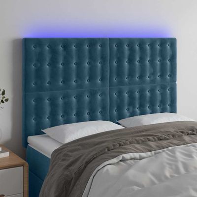 vidaXL Čelo postele s LED tmavomodré 144x5x118/128 cm zamat