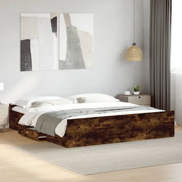 vidaXL Posteľný rám so zásuvkami dymový dub 200x200cm kompozitné drevo
