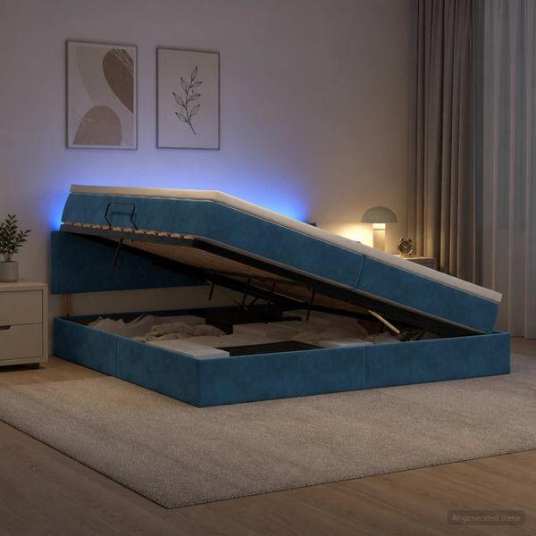 vidaXL LED úložná posteľ s matracom Tmavomodrá 200 x 200 cm Zamat