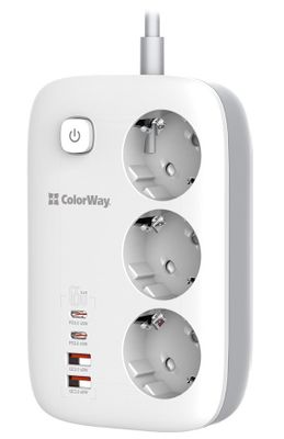 COLORWAY Predlžovací napájací prívod/ 3x Schuko/ 2x USB-A 60W/ 2x USB-C 65W/ kábel 2m Kábel, predlžovací, napájací, 3× Schuko zásuvka, 2× USB, 2× USB-C, 2m, biely