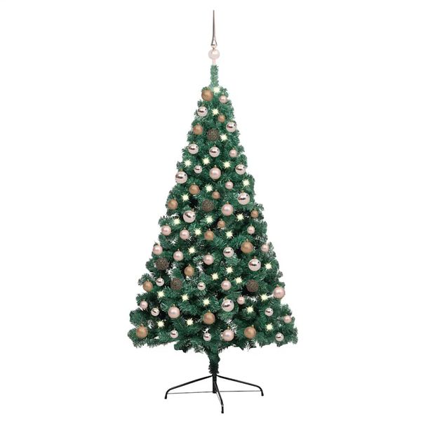 vidaXL Osvetlený umelý polovičný vianočný stromček+gule, zelený 150 cm