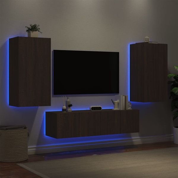 vidaXL 4-dielne TV nástenné skrinky s LED hnedý dub kompozitné drevo