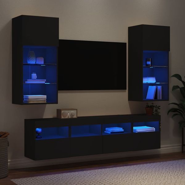 vidaXL 5-dielne TV nástenné skrinky s LED čierne kompozitné drevo