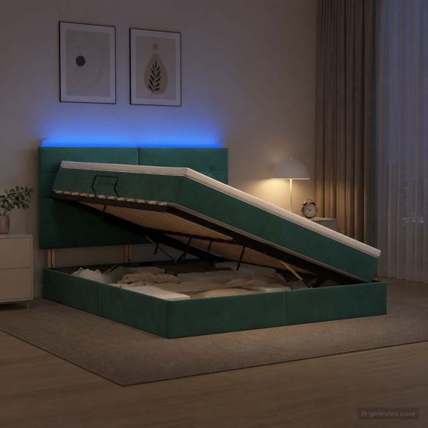 vidaXL LED úložná posteľ s matracom Tmavozelená 140 x 200 cm Zamat