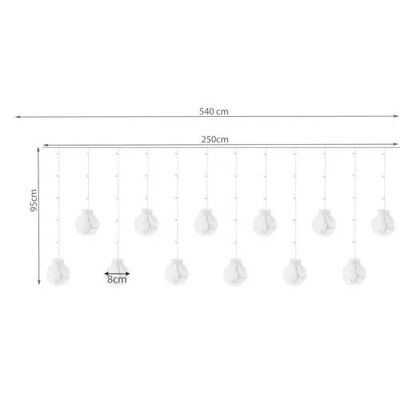 Vianočné osvetlenie ISO19736 svetelný záves s guľami 108 LED na USB, teplý biely