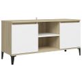 vidaXL TV stolík kovové nožičky biely a dub sonoma 103,5x35x50 cm