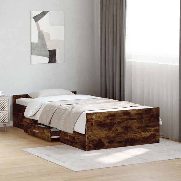 vidaXL Posteľný rám so zásuvkami dymový dub 90x200 cm kompozitné drevo
