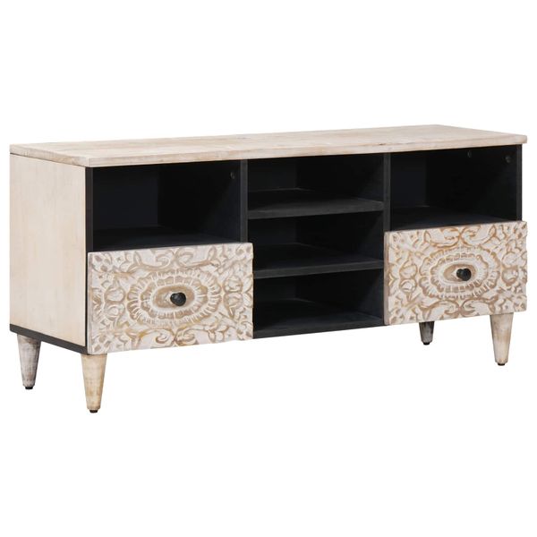 vidaXL TV skrinka Biela 100 x 33,5 x 46 cm Masívne mango drevo