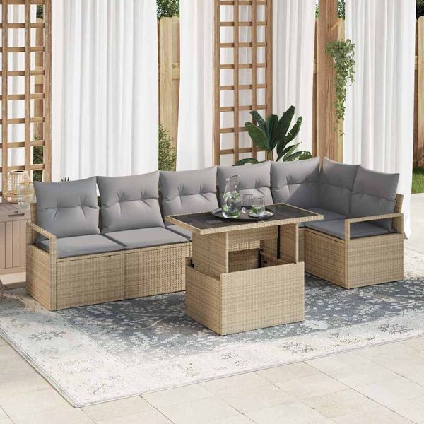 vidaXL Súprava záhradných pohoviek s vankúšom 7 pcs Béžová Poly ratan
