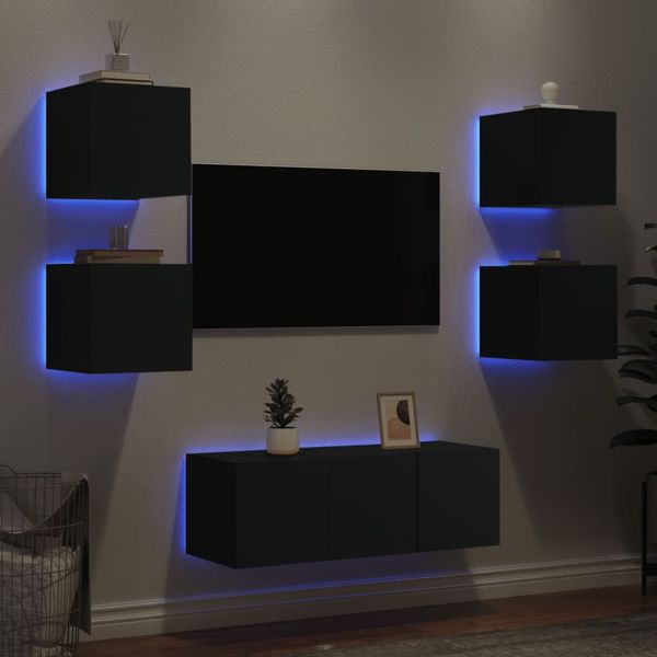vidaXL 6-dielne TV nástenné skrinky s LED čierne kompozitné drevo