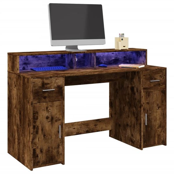 vidaXL Stôl s LED svetlami dymový dub 140x55x91 cm kompozitné drevo