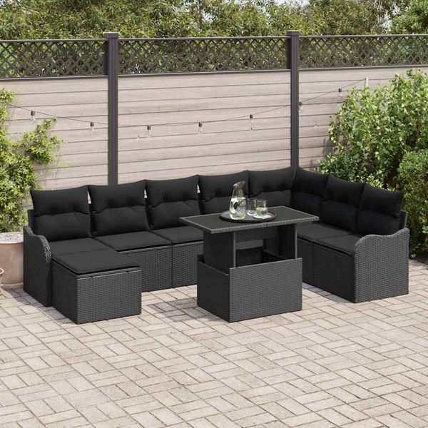 vidaXL Súprava záhradných pohoviek s vankúšom 9 pcs Čierna Poly ratan