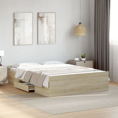 vidaXL Posteľný rám so zásuvkami dub sonoma 135x190cm kompozitné drevo