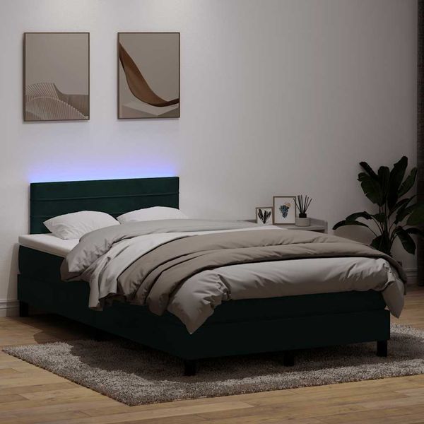 vidaXL Posteľný rám boxsping s matracom a LED tmavozelený 120x210 cm zamat