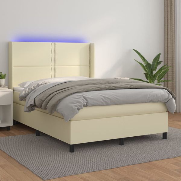 vidaXL Boxspring posteľ s matracom a LED krémová 140x190 cm umelá koža
